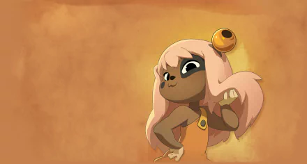 HD PC desktop wallpaper from the Dofus movie: a cute pink-haired, dark-skinned animated character with large eyes and a bell hair accessory against a warm orange background.