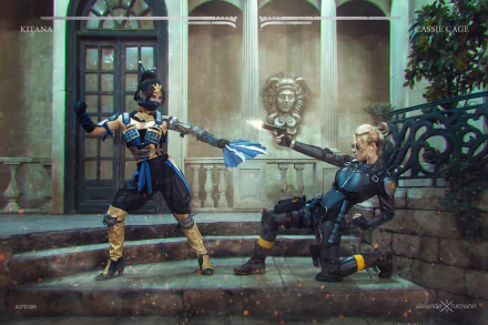 High-definition cosplay of Cassie Cage and Kitana from Mortal Kombat X, showcasing an intense duel set against an architectural backdrop.
