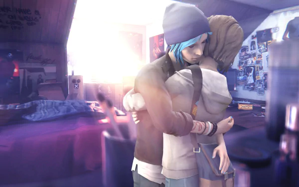 Chloe Price and Max Caulfield embrace in a heartfelt moment from the video game Life Is Strange, surrounded by their iconic bedroom setting in this HD desktop wallpaper.