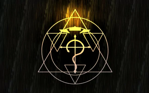 A striking HD desktop wallpaper featuring the alchemical symbol from *Fullmetal Alchemist*, radiating a mystical glow against a dark background.