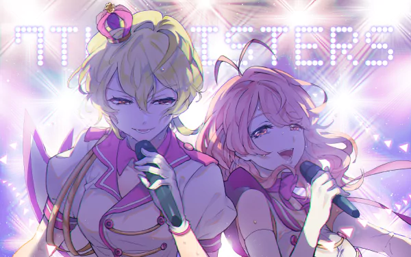 Anime HD PC desktop wallpaper background of two Tokyo 7th Sisters idols, a blond and a pink-haired singer, holding microphones on a glittering, spotlighted stage.