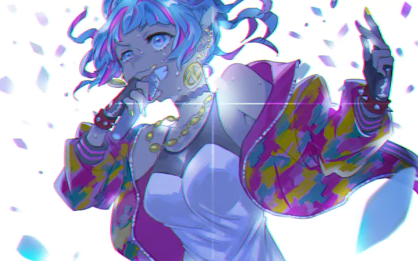 HD anime-style desktop wallpaper featuring a vibrant character from Tokyo 7th Sisters with dynamic lighting and colorful, futuristic attire.