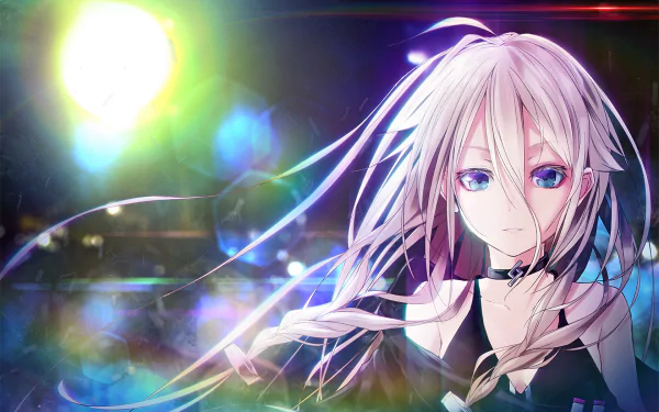 A vibrant HD wallpaper featuring a Vocaloid character with flowing hair and striking blue eyes, set against a colorful background of lights and bokeh effects.