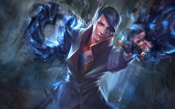 HD PC desktop wallpaper featuring Emily Kaldwin from the video game Dishonored 2, showcasing her conjuring magical blue energy with an intense expression.