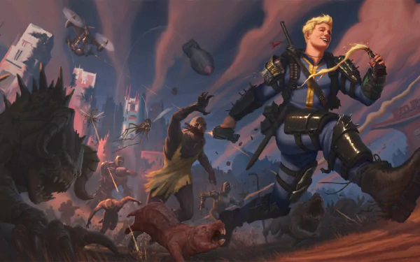 HD PC desktop wallpaper featuring Sole Survivor from Fallout 4, depicted cheerfully leading a chaotic post-apocalyptic scene with varied creatures and ruins in the background.