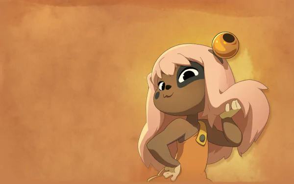 HD PC desktop wallpaper from the Dofus movie: a cute pink-haired, dark-skinned animated character with large eyes and a bell hair accessory against a warm orange background.
