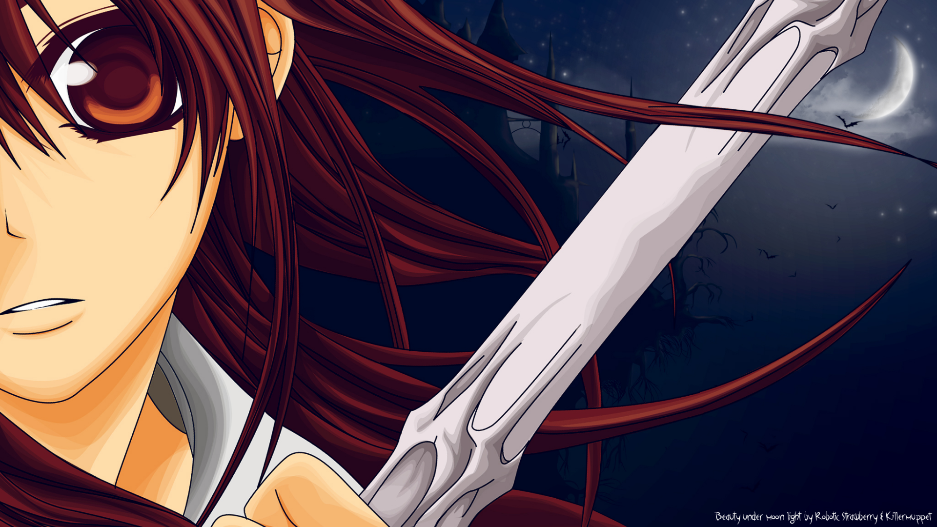 HD anime night wallpaper featuring Yuki Cross from Vampire Knight, with a full moon and dark sky in the background, highlighting her determined expression and sword.