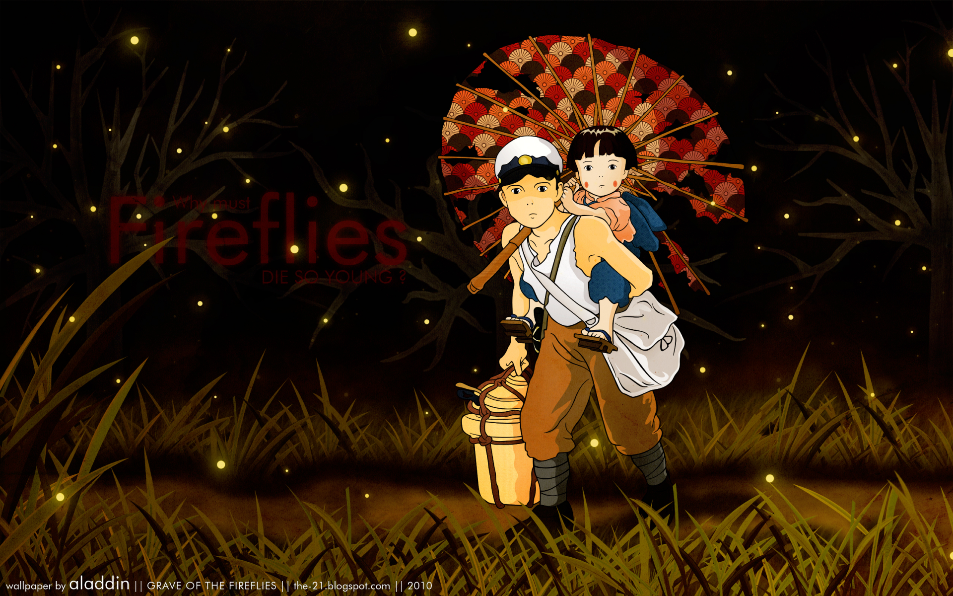 A vibrant HD wallpaper from Grave of the Fireflies, featuring a boy carrying his sister, set against a backdrop of gently glowing fireflies and lush grass.