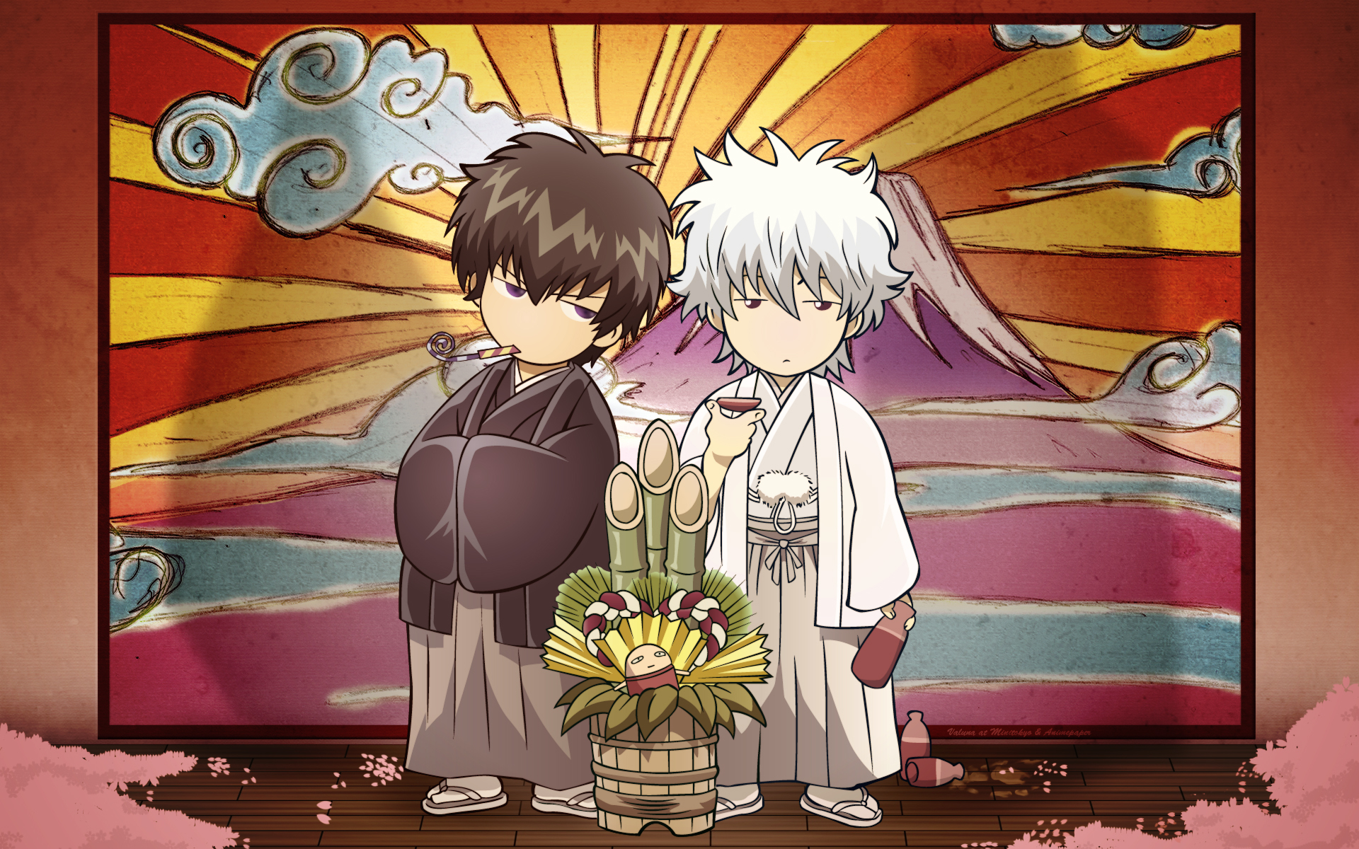 Anime-inspired HD wallpaper featuring characters from Gintama, standing against a vibrant sunset backdrop, adorned with traditional elements and a festive decoration.