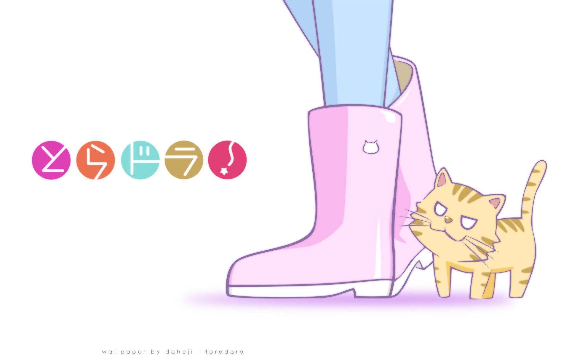 A colorful HD wallpaper featuring characters and elements from the anime Toradora! showcasing a stylish boot and a playful cat against a clean backdrop.