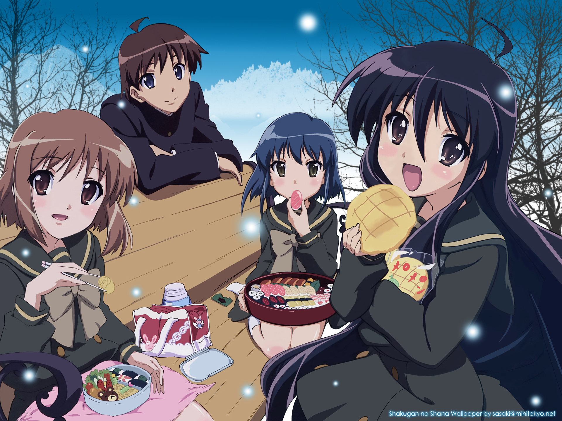 Anime HD PC desktop wallpaper featuring characters from Shakugan No Shana enjoying a picnic outdoors under a clear blue sky with bare trees in the background.