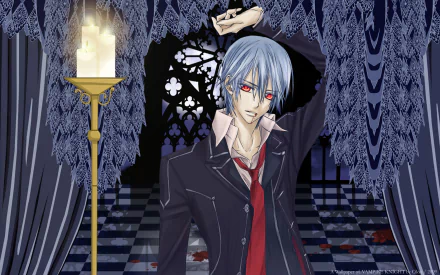HD anime wallpaper featuring Zero Kiryu from Vampire Knight in his uniform, standing beside a glowing candle in a gothic, dark, and ornate setting.