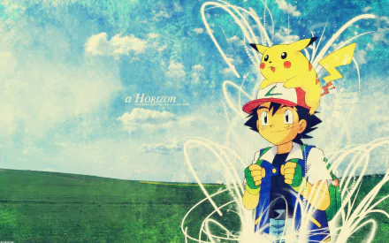 Ash Ketchum stands with Pikachu on his cap, set against a vibrant sky and grassy landscape, embodying the spirit of Pokémon in this HD desktop wallpaper.