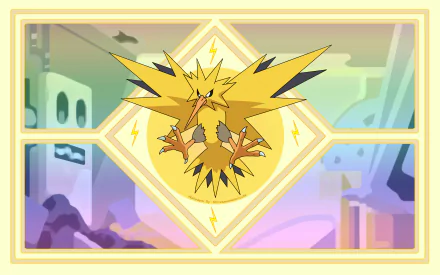HD PC desktop wallpaper featuring Zapdos from the Pokémon anime, showcasing the Electric-type Legendary bird with a vibrant, stylized background.
