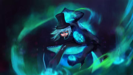 Limbo (Warframe) wearing a top hat and monocle, crouched in swirling teal-blue void energy — 2K Quad HD PC desktop wallpaper/background from the Warframe video game.