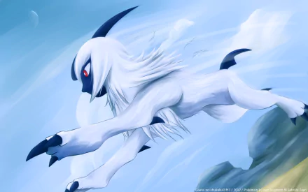 A dynamic HD wallpaper featuring Absol, the Dark-type Pokémon, leaping through a vibrant blue sky, showcasing its sleek white fur and striking red eyes in an anime style.