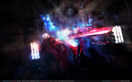 HD PC desktop wallpaper featuring dynamic characters from the video game Devil May Cry 4 with vibrant blue and red energy effects in a dark, dramatic setting.
