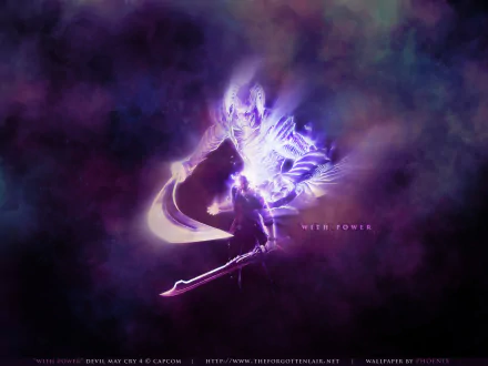 HD PC desktop wallpaper featuring a glowing, ethereal character from Devil May Cry 4 surrounded by dark purple and blue mist with the text WITH POWER.