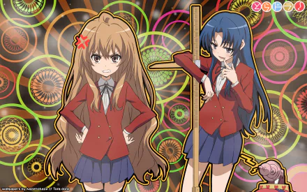HD anime desktop wallpaper of Ami Kawashima and Taiga Aisaka (Toradora!) in school uniforms standing before a colorful, circular-patterned background.