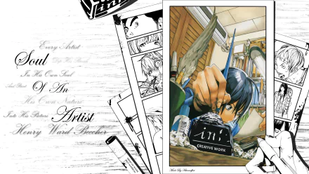 HD PC desktop wallpaper featuring characters Yuriko Aoki, Shinta Fukuda, Moritaka Mashiro, Miho Azuki, Eiji Niizuma, and Akito Takagi from the anime Bakuman.