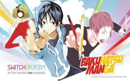 Anime Bakuman HD PC desktop wallpaper: Moritaka Mashiro, Eiji Niizuma and Akito Takagi in dynamic poses, wielding pencils and headphones against a colorful burst background.