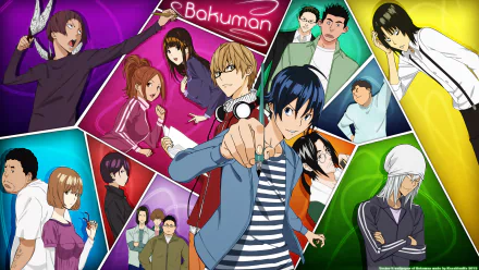 HD PC desktop wallpaper featuring colorful characters from the anime Bakuman in dynamic poses against a vibrant, segmented background.