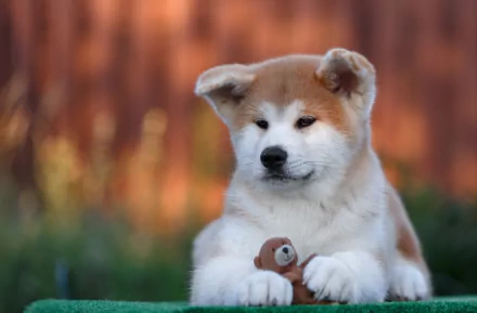 HD desktop wallpaper featuring a calm Akita puppy resting with a small toy, showcasing the charm of a baby dog in natural outdoor lighting.