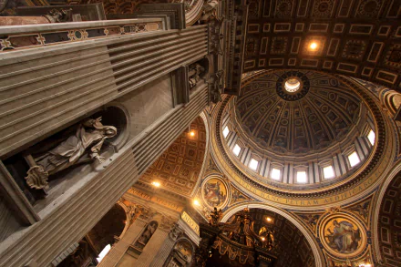 HD desktop wallpaper of Vatican/Frascati cathedral interior in Rome, Italy: soaring dome, ornate columns, statues and gilded religious architecture
