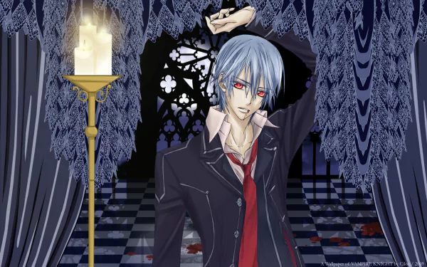 HD anime wallpaper featuring Zero Kiryu from Vampire Knight in his uniform, standing beside a glowing candle in a gothic, dark, and ornate setting.