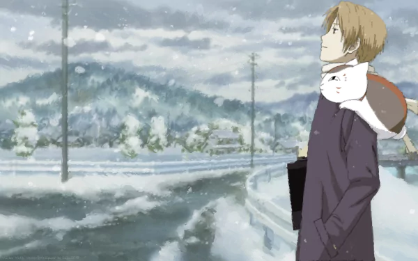 A serene winter scene from Natsume Yuujinchou, featuring Natsume walking through a snowy landscape with a spirit cat on his shoulder, captured in a beautiful HD wallpaper.