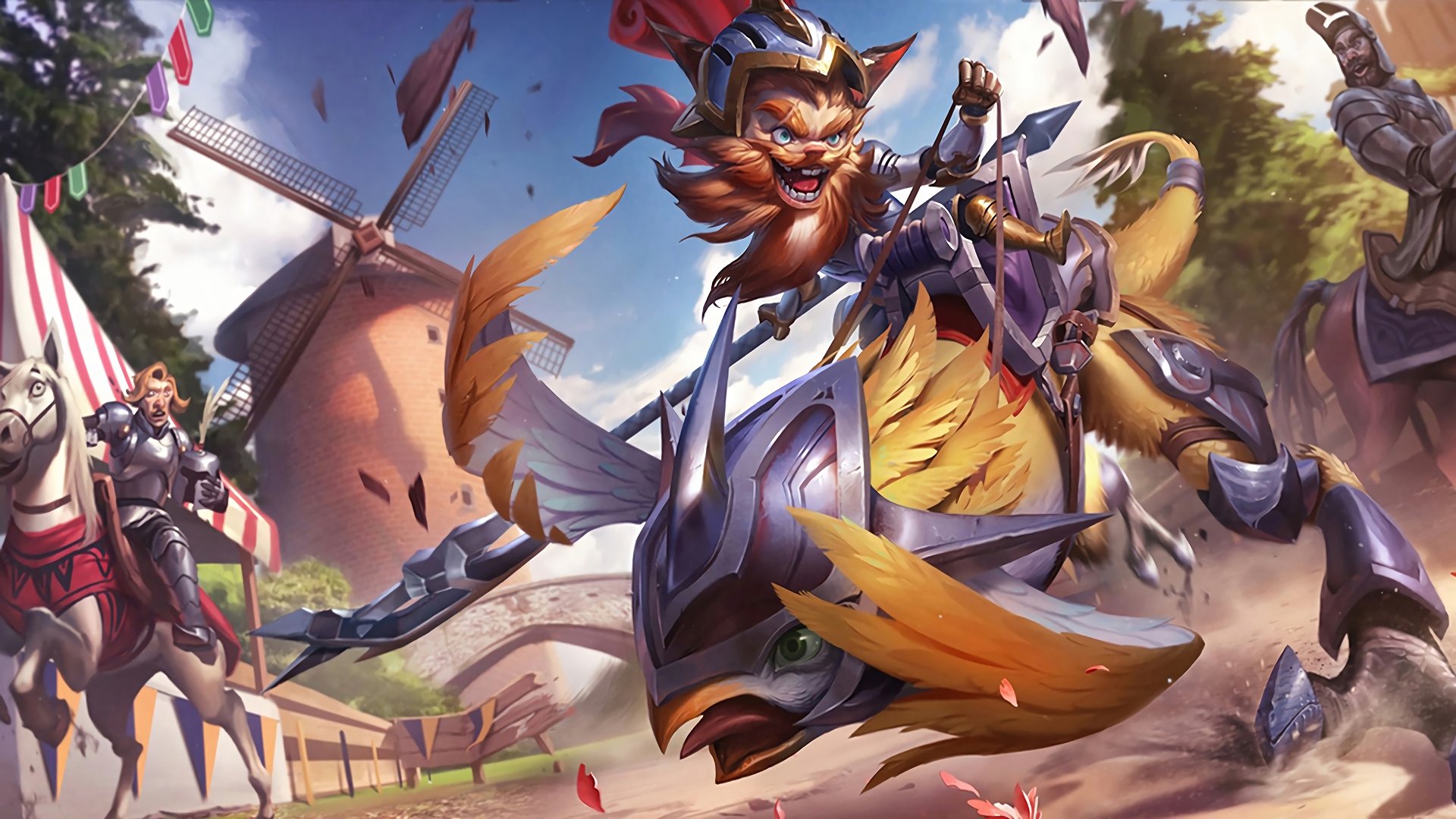 Vibrant HD wallpaper featuring Kled from League of Legends, riding his mount in a dynamic scene with windmills and cheering characters, highlighting the excitement of the game.
