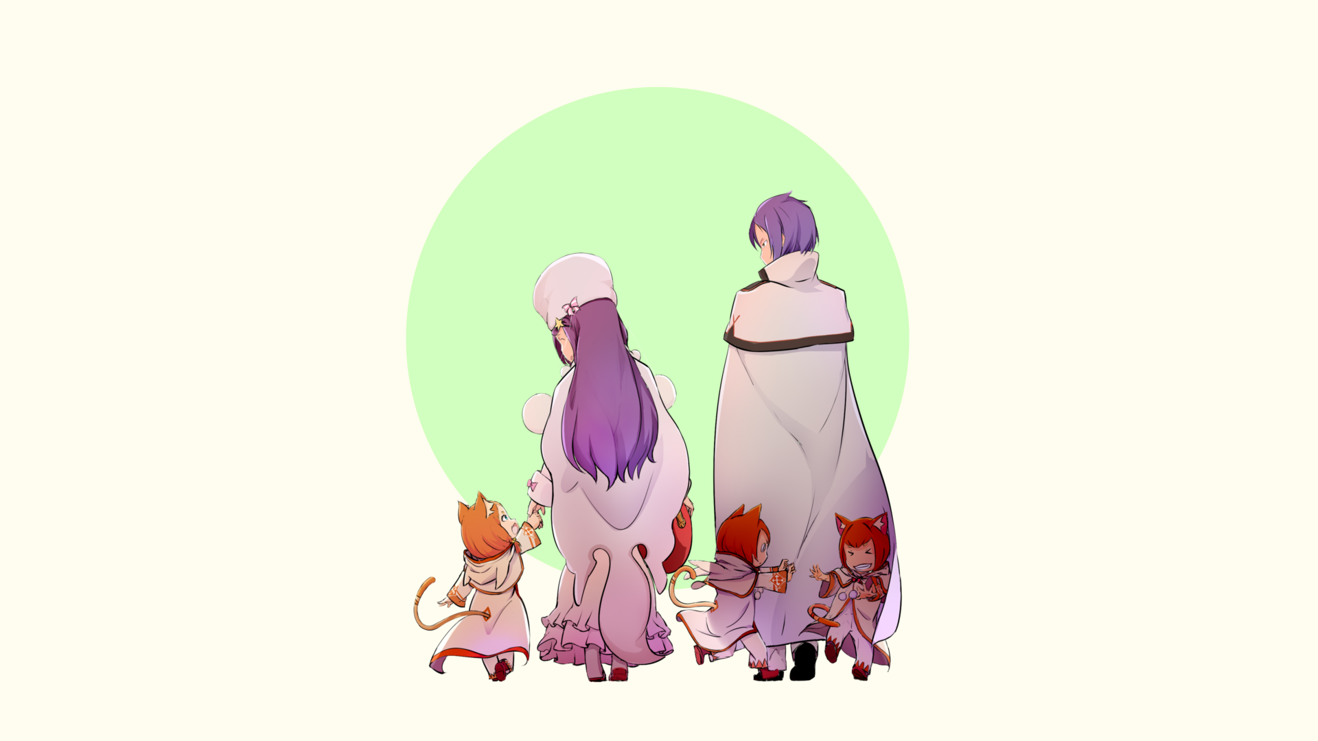 An HD wallpaper featuring Tibi, Hetaro, Julius, Mimi Pearlbaton, and Anastasia Hoshin from the anime Re:Zero - Starting Life in Another World, capturing a serene moment together.