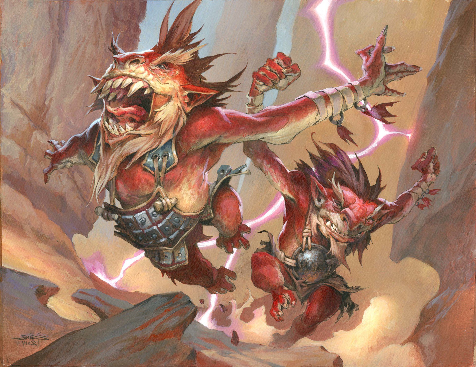 HD desktop wallpaper featuring two fierce, man-made creature characters from Magic: The Gathering, bursting through rocky terrain with dynamic energy and lightning effects.