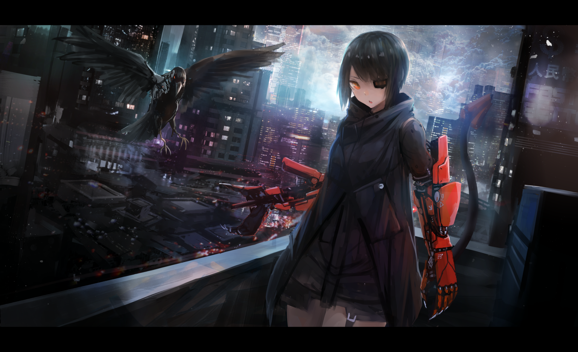 A cyberpunk-themed HD wallpaper featuring an anime character with a robotic arm, standing on a rooftop overlooking a neon-lit city, accompanied by a crow.