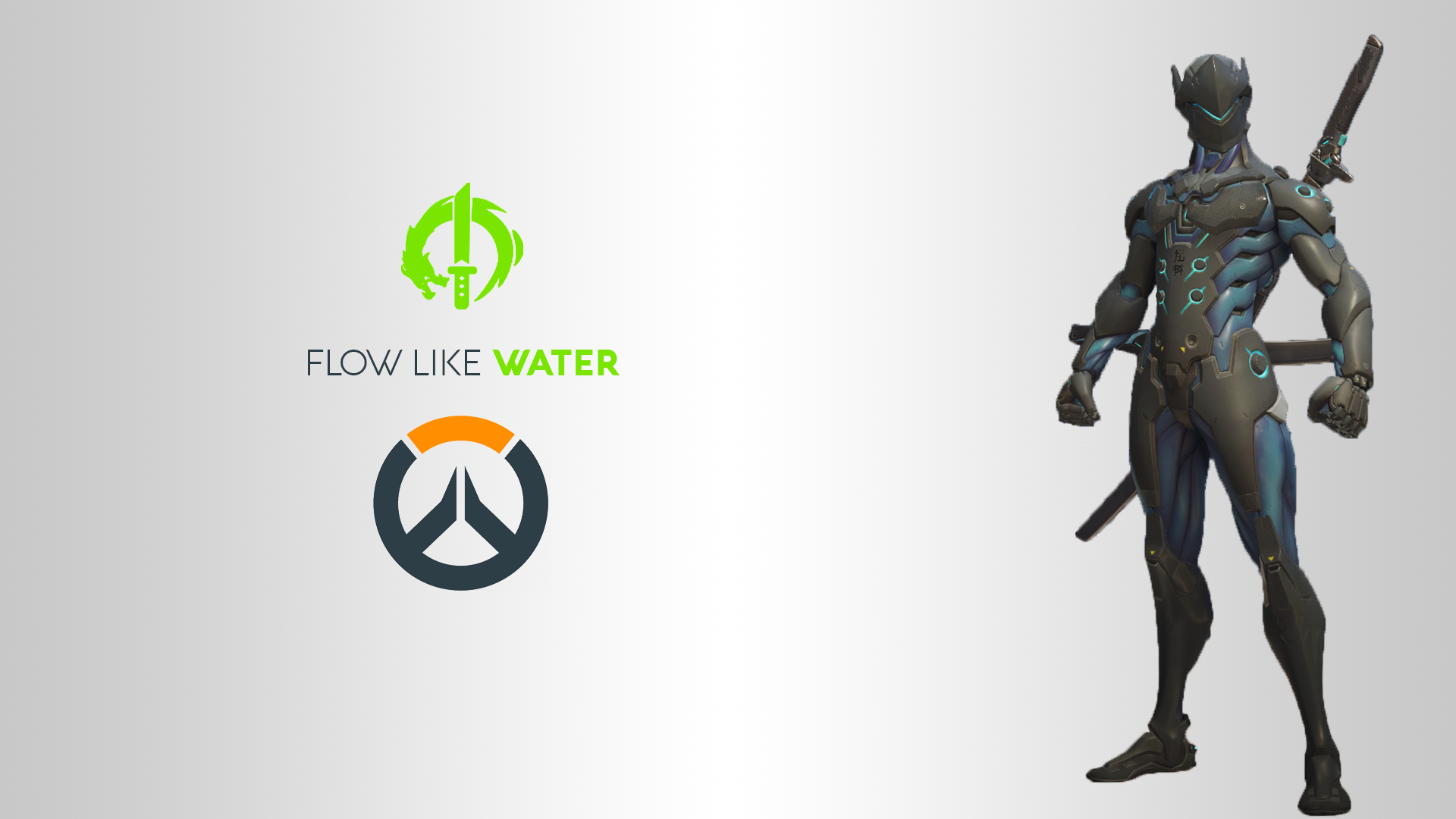 A dynamic HD wallpaper featuring Genji from Overwatch, showcasing his sleek design alongside the game's logo and the phrase FLOW LIKE WATER.