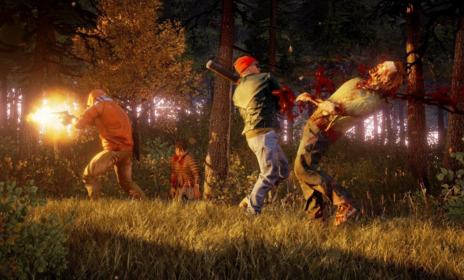 HD desktop wallpaper from the video game State of Decay 2, featuring characters fighting zombies in a forest setting.