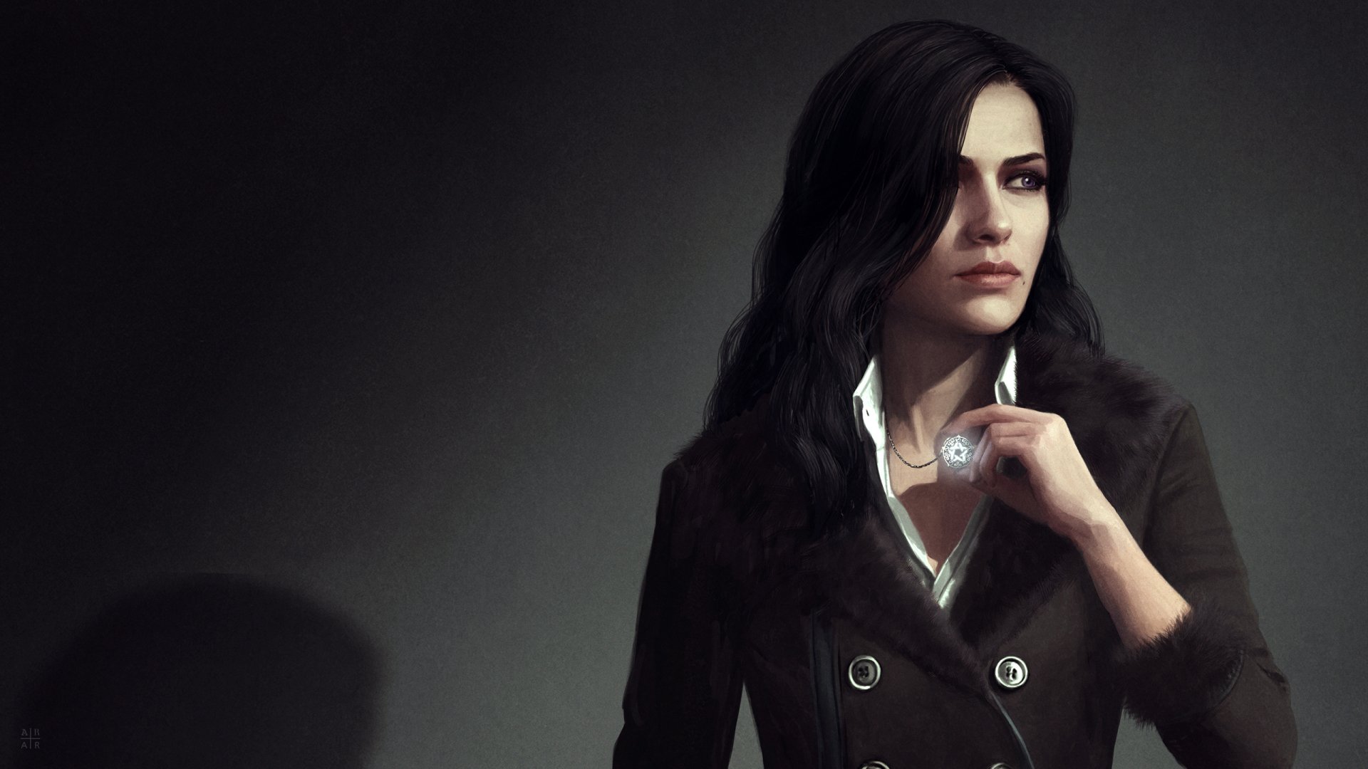 HD desktop wallpaper featuring Yennefer of Vengerberg from The Witcher 3: Wild Hunt. She has black hair and striking purple eyes, donned in a dark, detailed outfit with a serious expression.