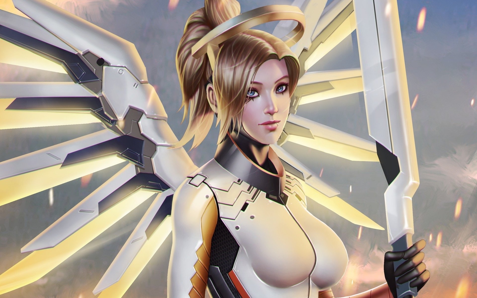 A striking HD wallpaper featuring Mercy, the angelic healer from Overwatch, with her iconic wings and staff against a dramatic sky background.