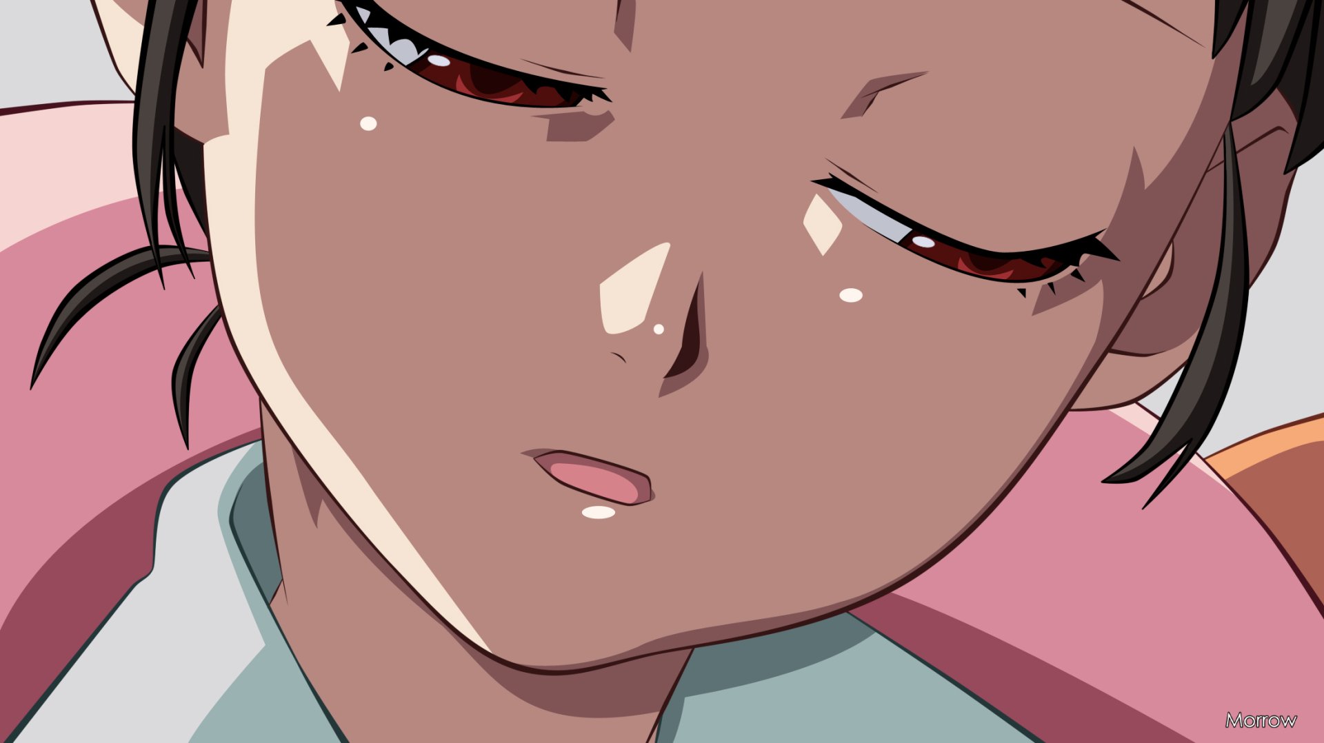 HD PC desktop wallpaper featuring Mayoi Hachikuji from the Monogatari series — close-up anime portrait with closed eyes and soft pink and teal tones.