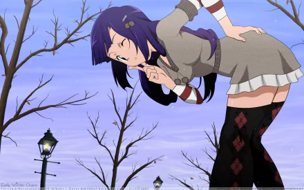 Anime HD wallpaper of Zange from Kannagi: Crazy Shrine Maidens with long purple hair, pink eyes, thigh highs, and a playful wink against a twilight sky background.