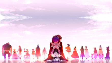 HD wallpaper featuring characters from the anime Re:Zero - Starting Life in Another World, with a central character highlighted in the foreground against a vibrant, atmospheric background.