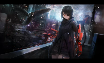 A cyberpunk-themed HD wallpaper featuring an anime character with a robotic arm, standing on a rooftop overlooking a neon-lit city, accompanied by a crow.