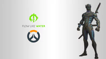 A dynamic HD wallpaper featuring Genji from Overwatch, showcasing his sleek design alongside the game's logo and the phrase FLOW LIKE WATER.