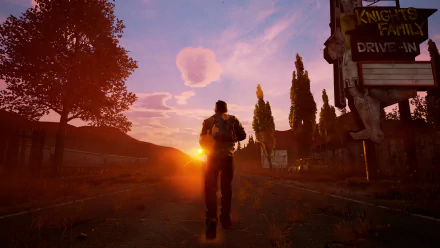 Sunset scene from the video game State of Decay 2, showcasing a lone character walking down a deserted road in vivid 4K Ultra HD PC desktop wallpaper quality.