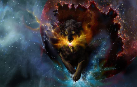 A fantasy HD PC desktop wallpaper featuring a fierce wolf emerging from a fiery nebula in deep space, surrounded by stars and cosmic clouds.