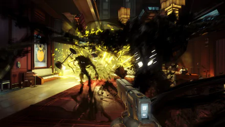 A dynamic scene from the video game Prey, featuring a character wielding a weapon against a shadowy creature amidst a vibrant, chaotic background. HD quality for stunning visuals.