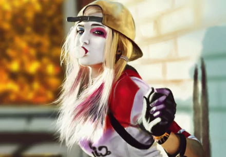 HD desktop wallpaper featuring a blonde Harley Quinn from the movie Suicide Squad, wearing makeup and a cap, set against a blurred outdoor background.