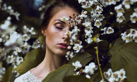 brunette blossom freckles face model woman mood HD Desktop Wallpaper | Background Image