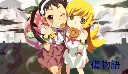 Mayoi Hachikuji and Shinobu Oshino from the Monogatari series enjoy a playful moment, featuring vibrant colors and a whimsical background in this HD anime wallpaper.
