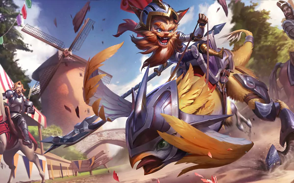 Vibrant HD wallpaper featuring Kled from League of Legends, riding his mount in a dynamic scene with windmills and cheering characters, highlighting the excitement of the game.
